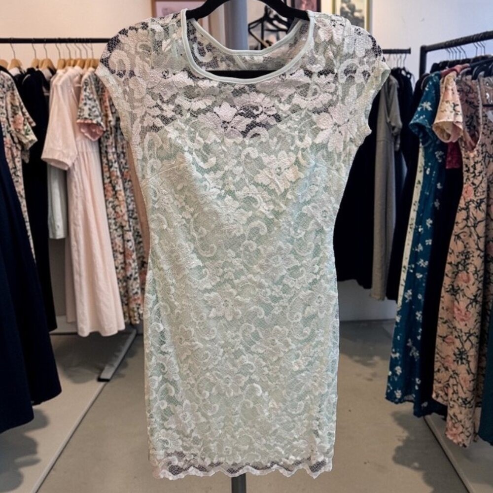 Lace‎ Sheath Dress Womens M Mint Green Keyhole Back Floral Cap Sleeve